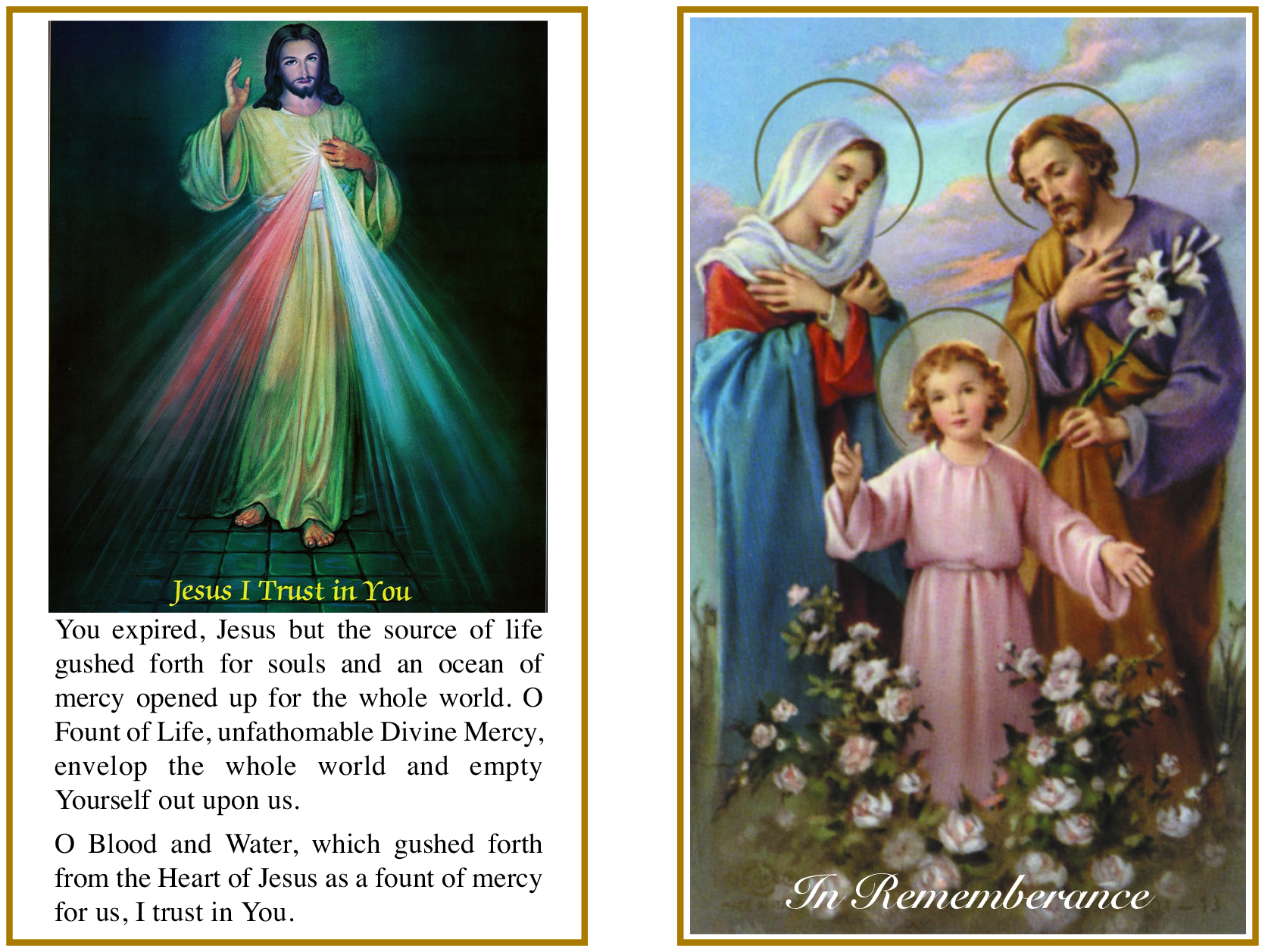 The Holy Family & Divine Mercy Remembrance Card